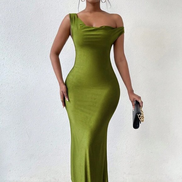 Olive Green Sexy Women's Draped Backless Split Thigh Dress - Picture 3 of 5